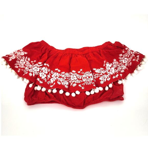 Show Me Your Mumu Teagan Pom Pom Crop Top Firecracker Red with White Embroidery - Picture 8 of 8